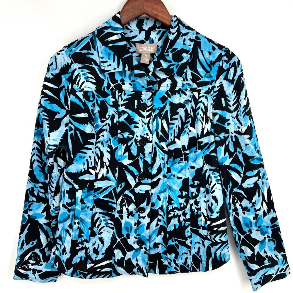 Chico's Size 0 or S Small 4/6 Blue Jacket Blazer Blouse Shirt Top Floral Summer